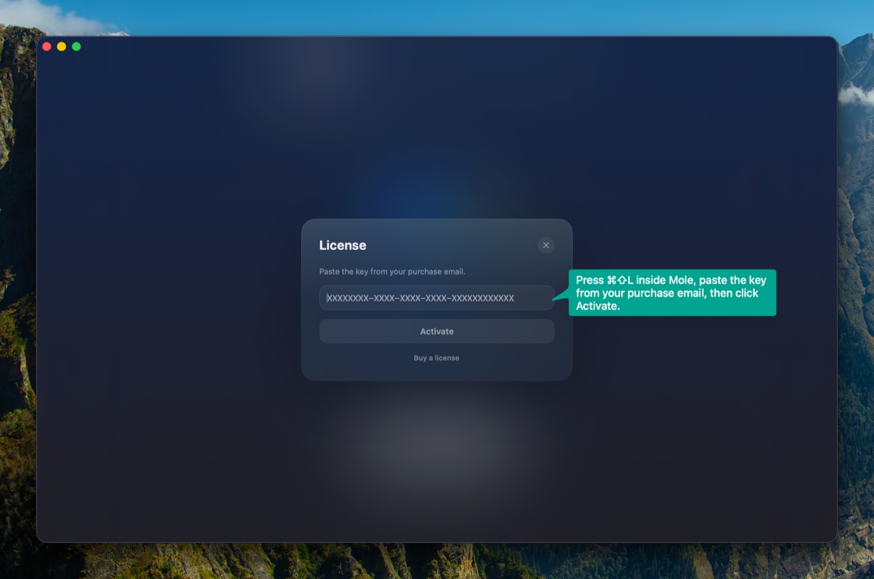 License activation panel inside Orva